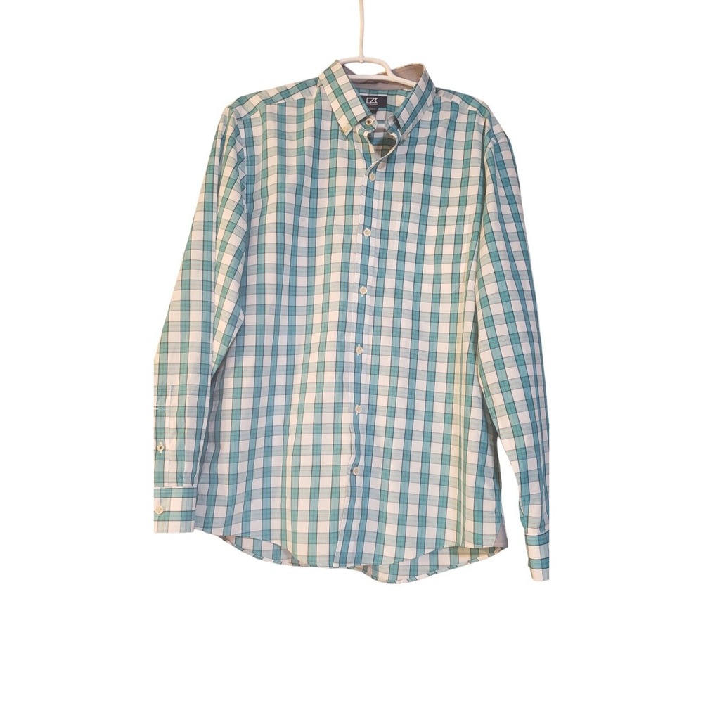 Cutter & Buck‎ Long Sleeve Teal Plaid Button Up Shirt L Large 100% Cotton EUC